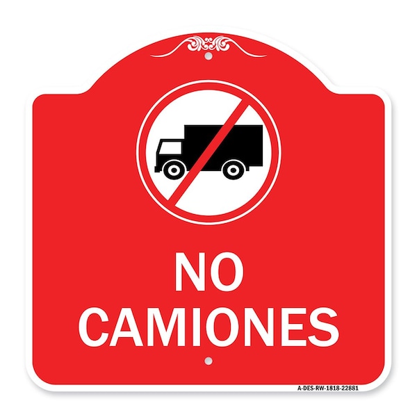Spanish Traffic No Camiones No Trucks W/ Graphic, Red & White Alum Sign, 18" x 18", RW-1818-22881